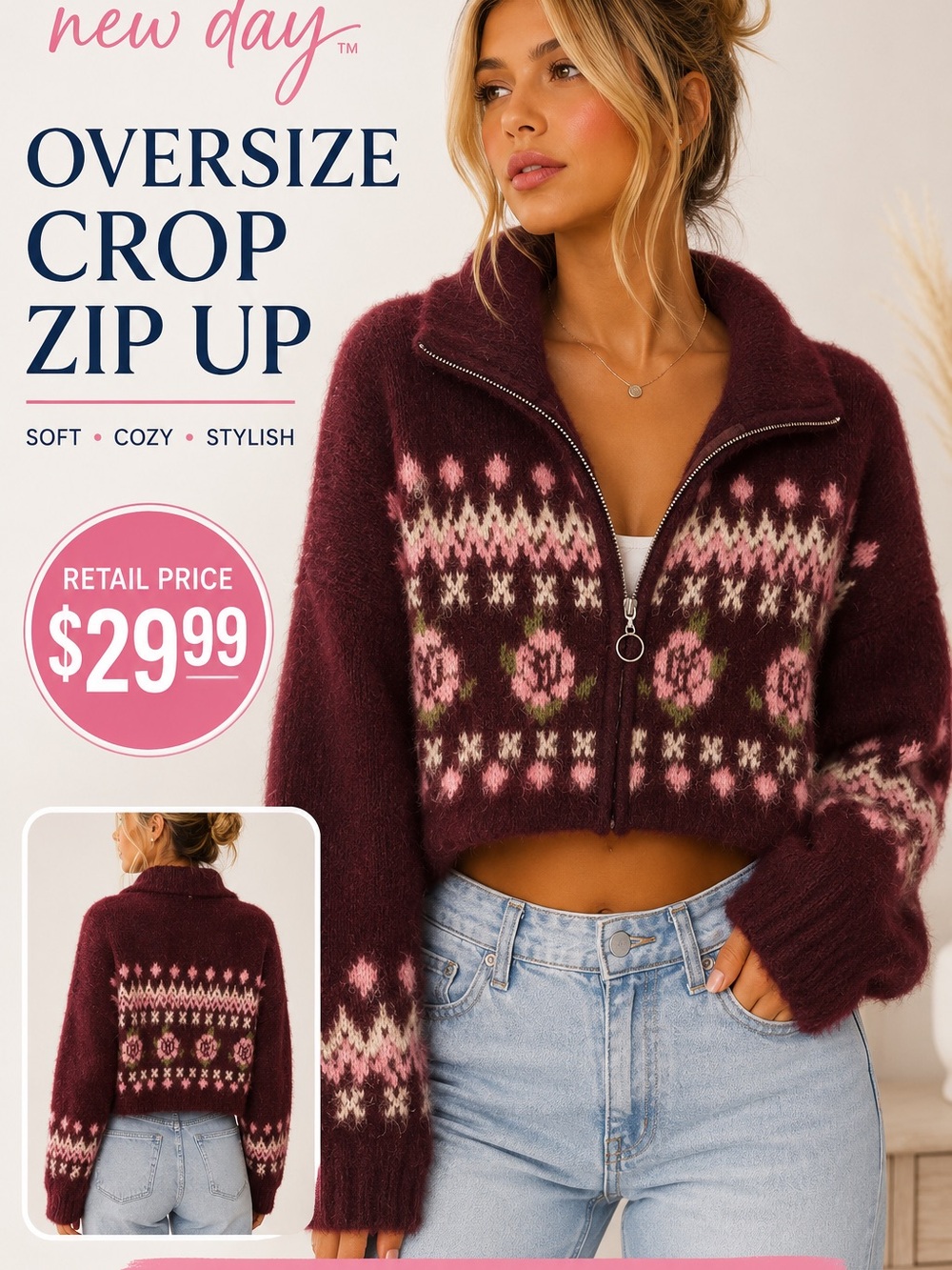 New Day Women's Oversize Crop Zip-Up Sweater - Burgundy Fair Isle